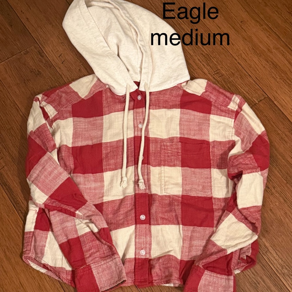 American Eagle Red and White Plaid Hoodie Shirt